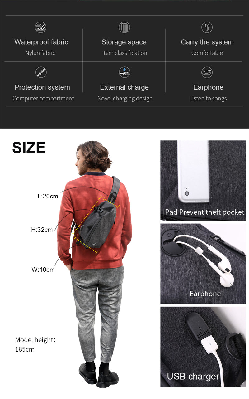 Arctic Hunter Sling Bag for Men Slim Crossbody Bag Chest Bag for Men Mobile Bag One Side Bag for 8-inch iPad with Earphone Port Water-resistant for